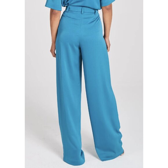 ZENA PRESLEY Teal Satin Palazzo Wide Leg Pants Drapey - Women's Size M - Picture 2 of 15
